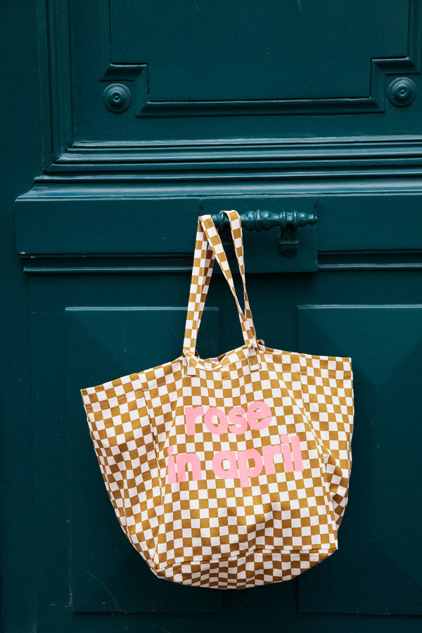 Eliza Pink Logo Caramel Checkered Oversized Tote Bag