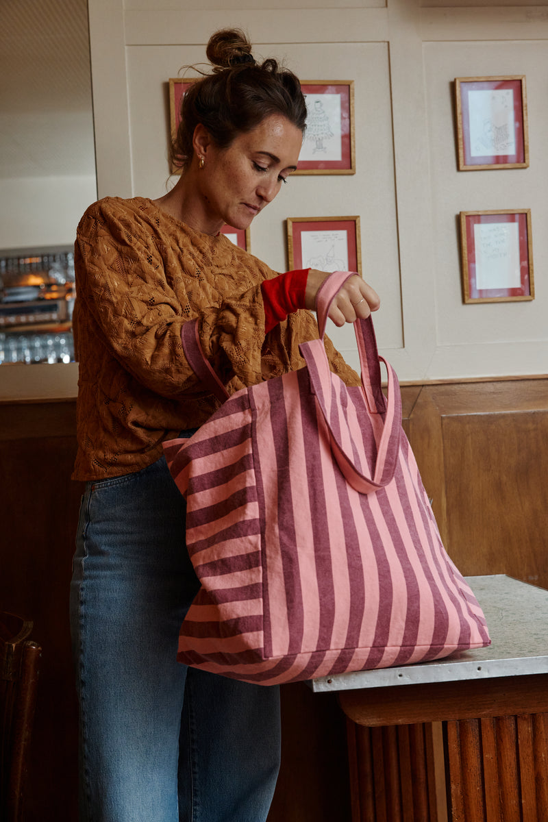 Elisa Stripes Pink + Burgundy Oversized Tote Bag