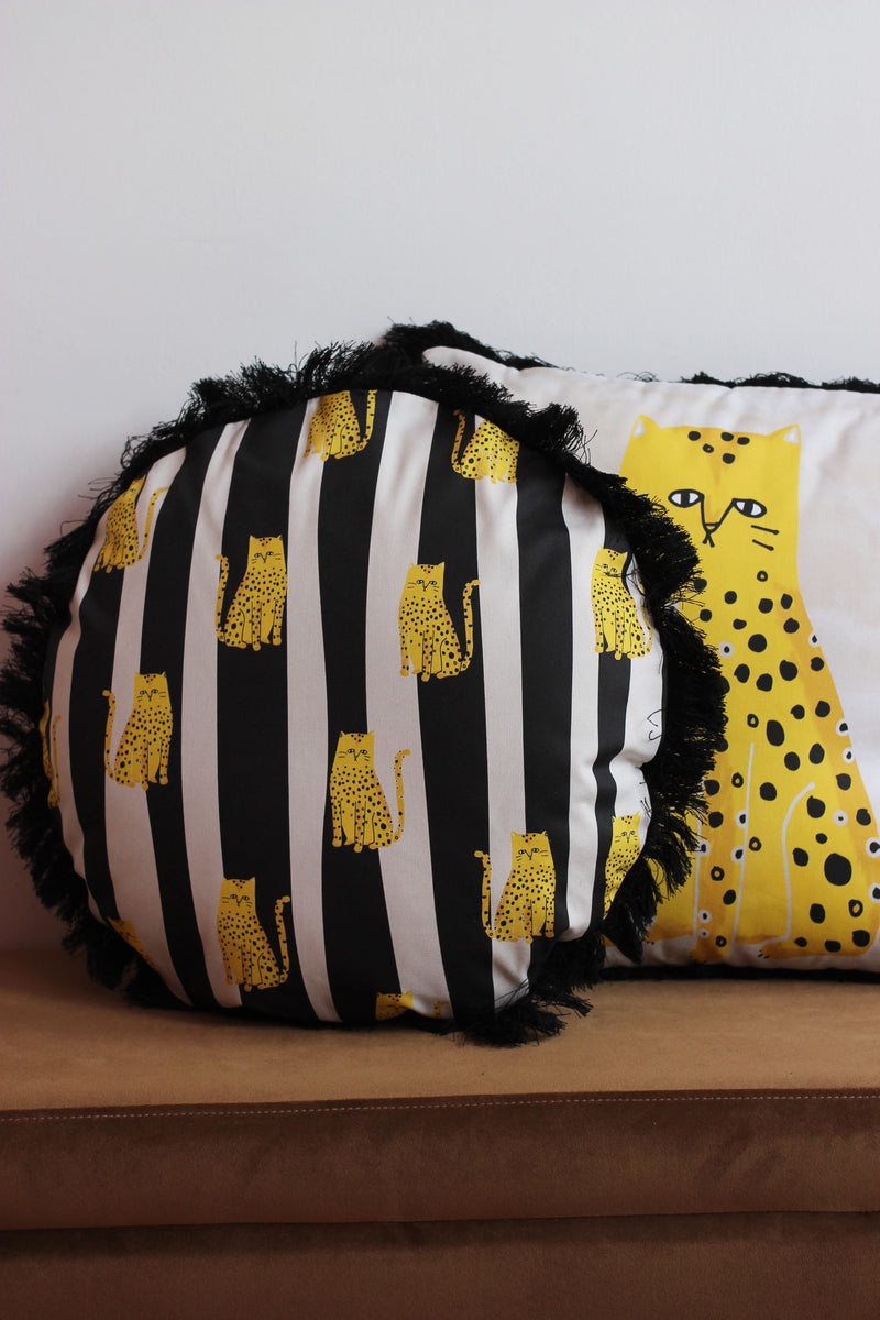 Fat Cat Yellow Round Tassel Cushion