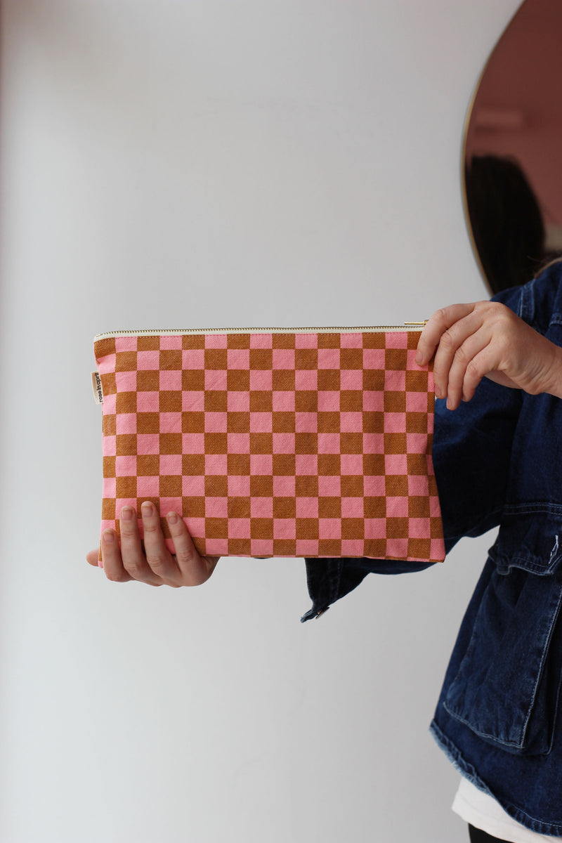 Checkered Strawberry/ Caramel Pouch/ Clutch Bag