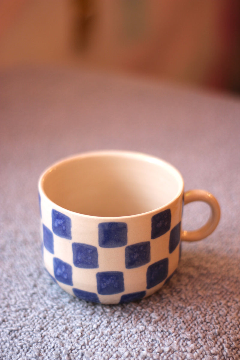 Handmade Blue Checkered Ceramic Mug