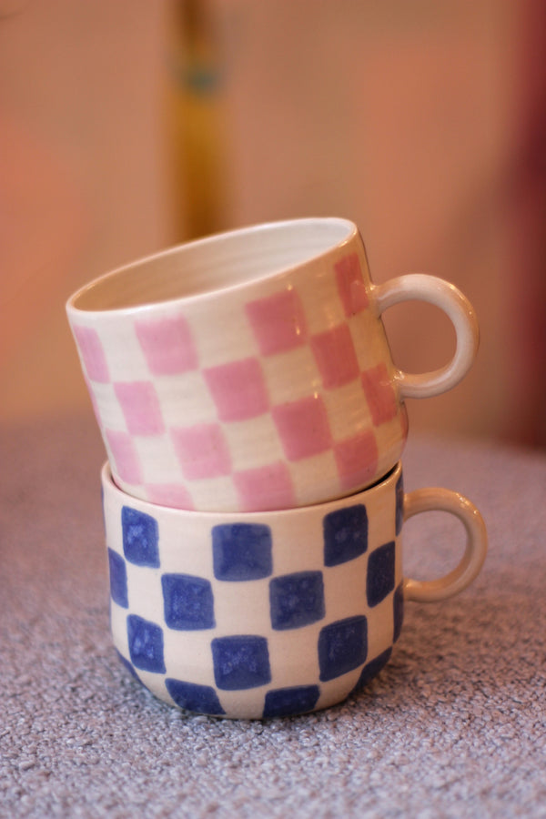 Handmade Pink Checkered Ceramic Mug