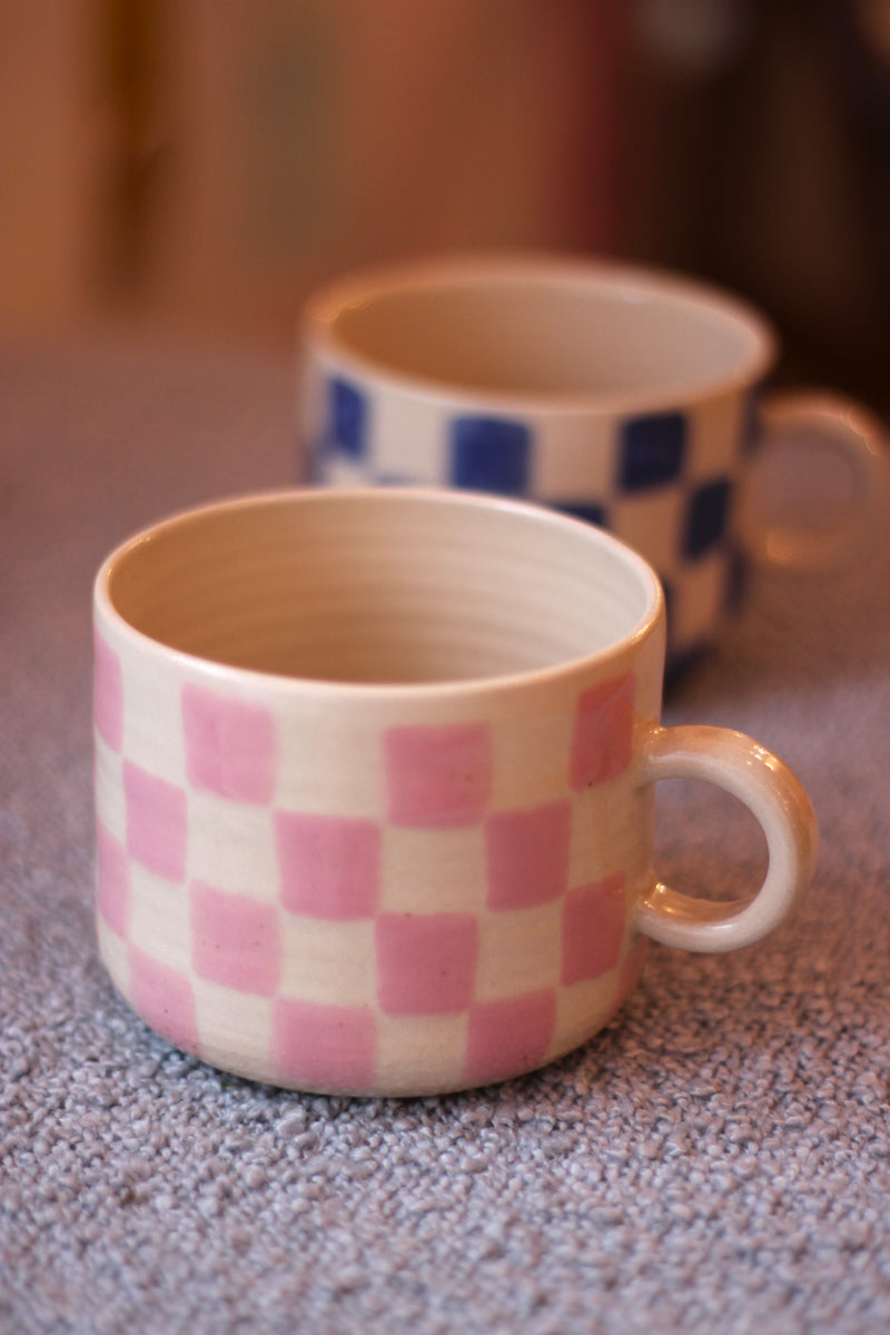 Handmade Pink Checkered Ceramic Mug