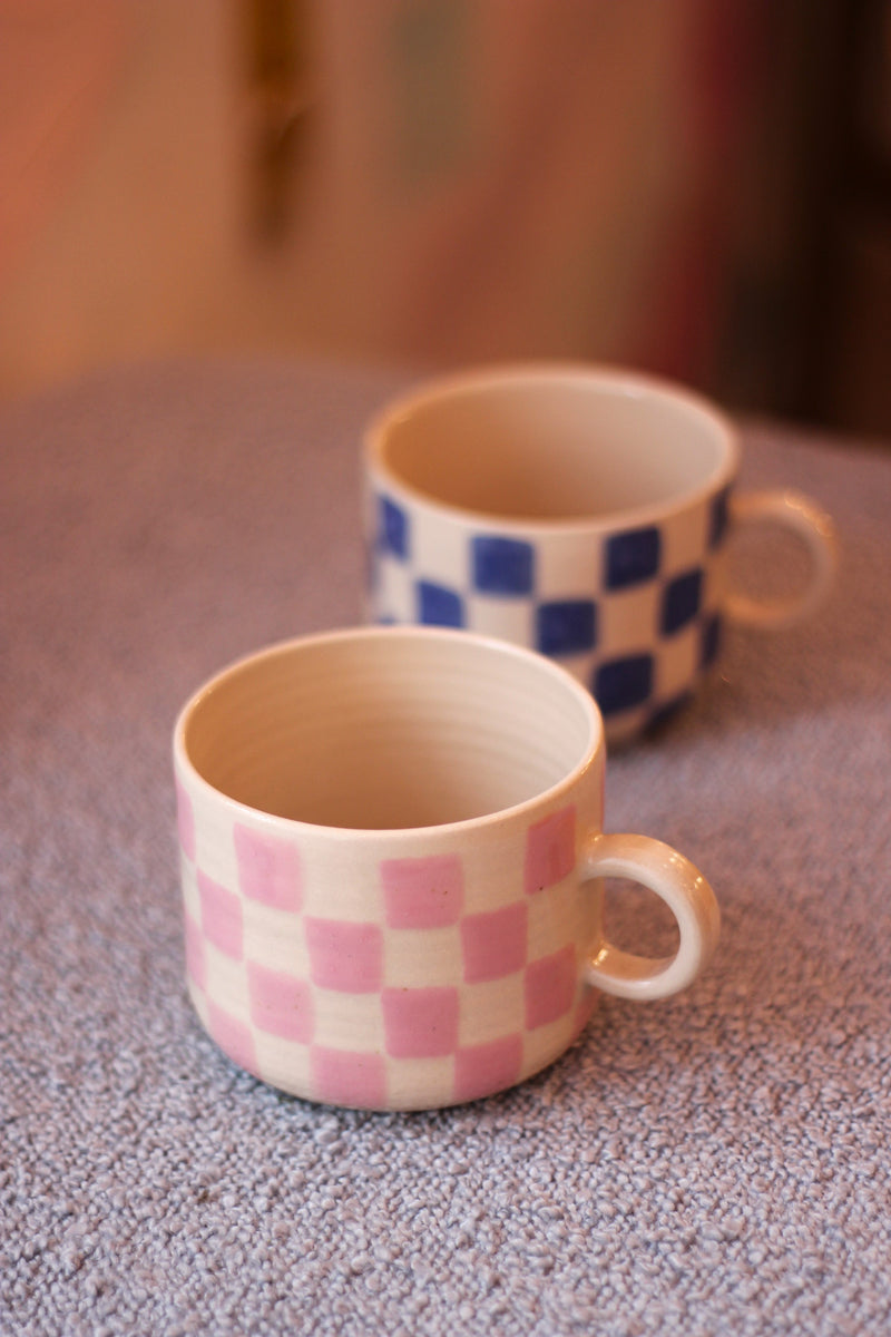 Handmade Pink Checkered Ceramic Mug