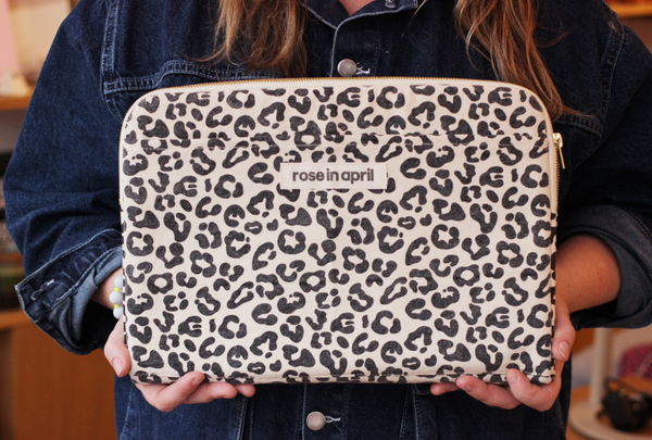 Leopard White Laptop Bag/ Pouch