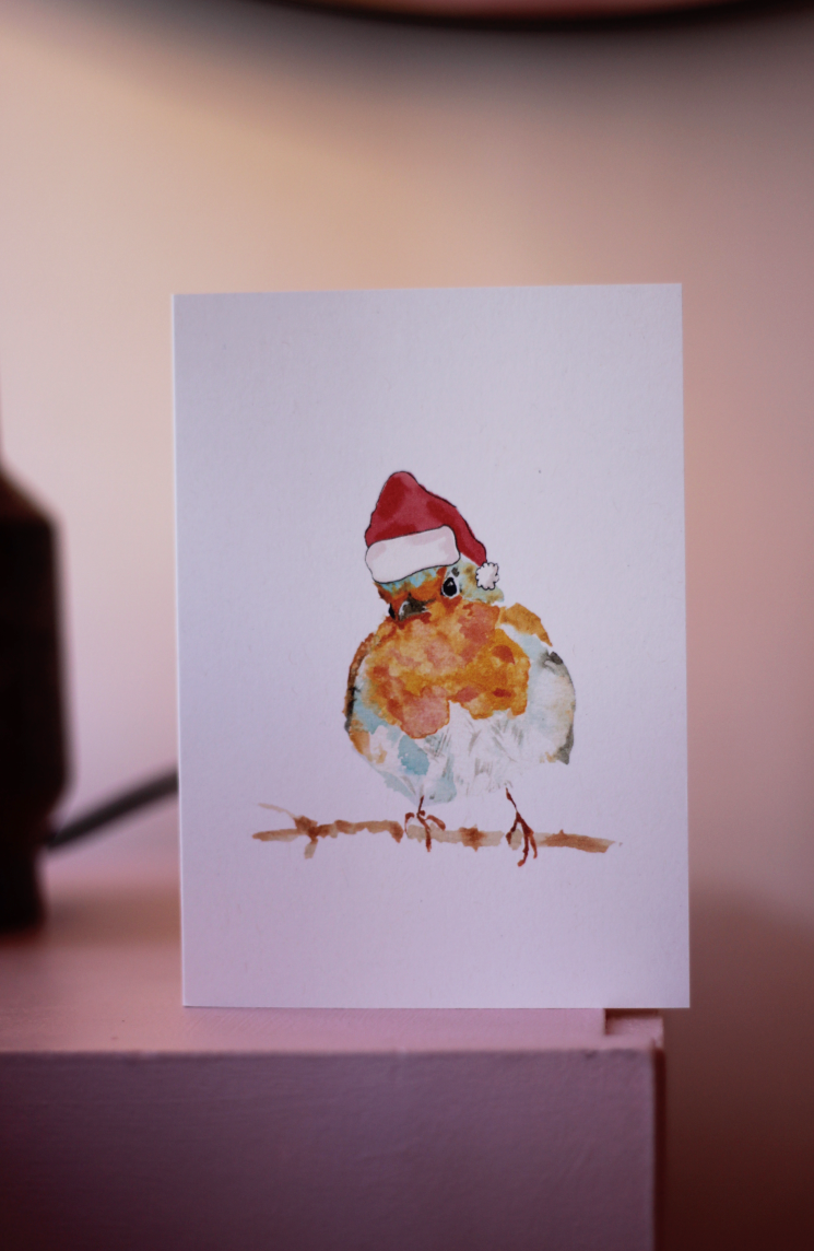 Robin with Santa Hat Christmas Card