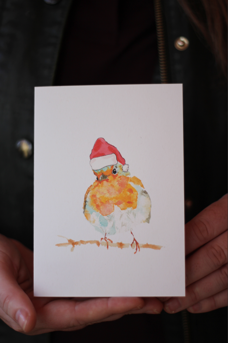 Robin with Santa Hat Christmas Card